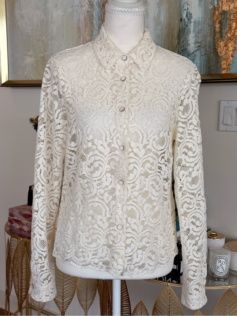 Women's Cream Lace Button-Up Blouse